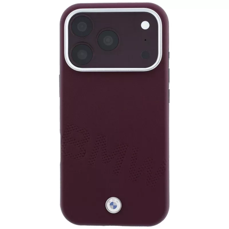 Funda MagSafe BMW Signature Collection con letras en relieve inclinadas para iPhone 15 Pro - Borgoña