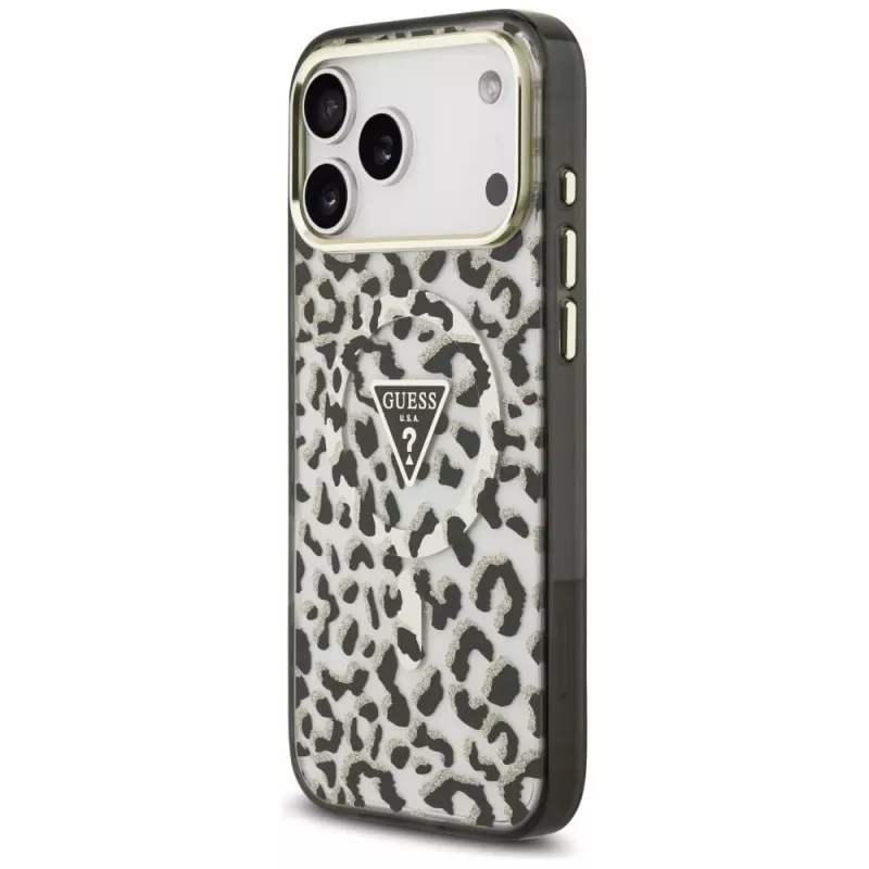 Funda MagSafe GUESS IML Leopard Glitter Triangle Logo para iPhone 18 Pro Max / 17 Pro Max - Negro