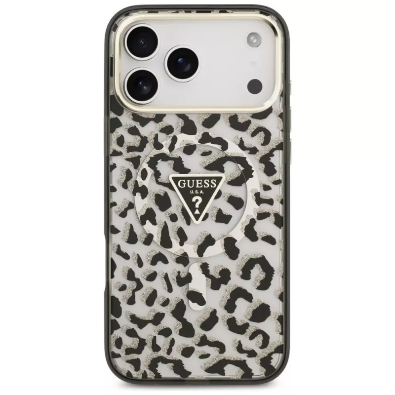 Funda MagSafe GUESS IML Leopard Glitter Triangle Logo para iPhone 18 Pro Max / 17 Pro Max - Negro