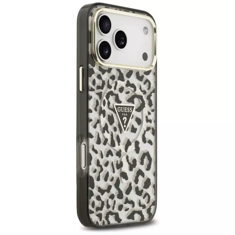 Funda MagSafe GUESS IML Leopard Glitter Triangle Logo para iPhone 18 Pro Max / 17 Pro Max - Negro