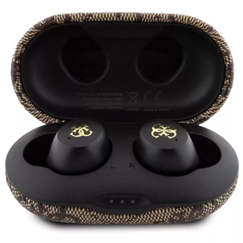 Auriculares True Wireless Guess GUTWSP4EGW con estuche de carga, Bluetooth 5.3, ENC, Marrón 4G Metal