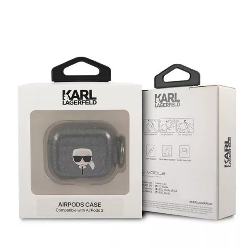 Karl Lagerfeld KLA3UKHGK Funda para AirPods 3 Negra Brillo Cabeza de Karl