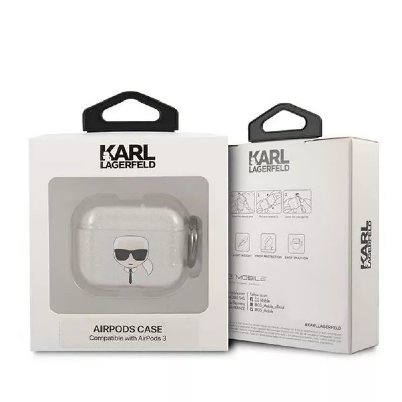 Karl Lagerfeld KLA3UKHGS Funda para AirPods 3 Plata Brillo Cabeza de Karl