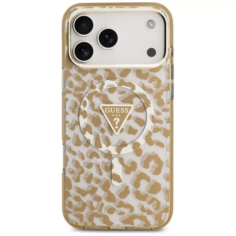 GUESS Funda MagSafe IML Leopard Glitter Triangle Logo para iPhone 18 Pro Max / 17 Pro Max - Marrón