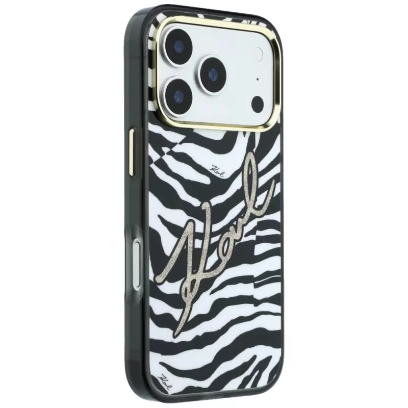 Karl Lagerfeld Funda MagSafe IML Signature Zebra Glitter para iPhone 18 Pro / 17 Pro - Oro