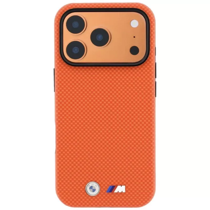 BMW M Funda MagSafe Quadrille Kevlar para iPhone 17 Pro Max / 18 Pro Max – Naranja con logo metálico