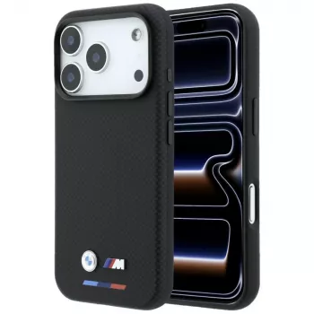 BMW M Funda MagSafe Quadrille Kevlar para iPhone 18 Pro Max / 17 Pro Max - Negro con tricolor y logo metálico