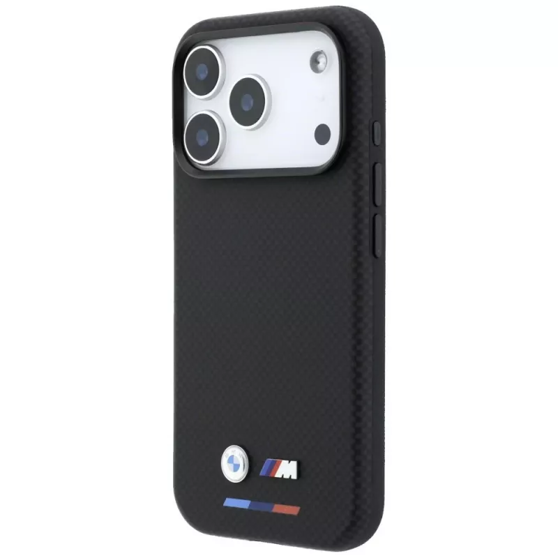 BMW M Funda MagSafe Quadrille Kevlar para iPhone 18 Pro Max / 17 Pro Max - Negro con tricolor y logo metálico