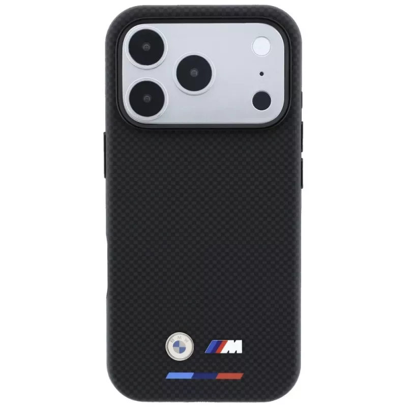 BMW M Funda MagSafe Quadrille Kevlar para iPhone 18 Pro Max / 17 Pro Max - Negro con tricolor y logo metálico