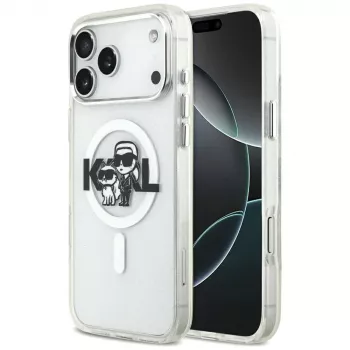 Karl Lagerfeld Funda MagSafe IML Glitter Karl & Choupette Sketch Logo para iPhone 17 Pro Max, Transparente