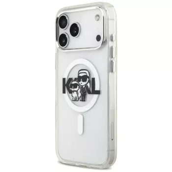 Karl Lagerfeld Funda MagSafe IML Glitter Karl & Choupette Sketch Logo para iPhone 17 Pro Max, Transparente