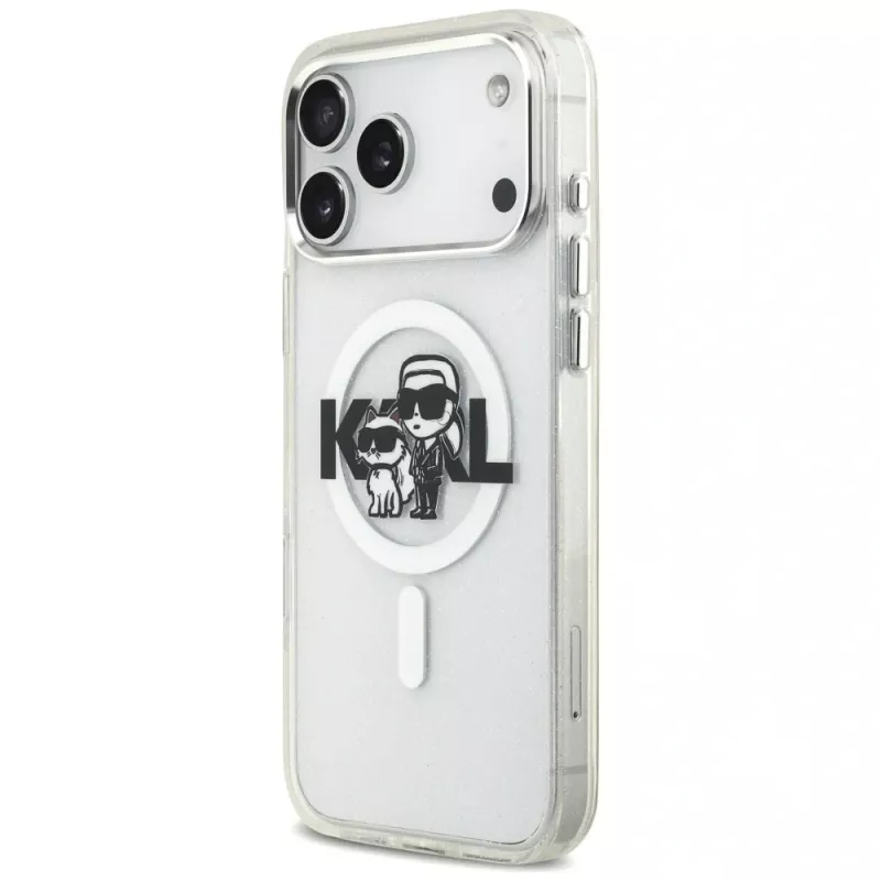 Karl Lagerfeld Funda MagSafe IML Glitter Karl & Choupette Sketch Logo para iPhone 17 Pro Max, Transparente