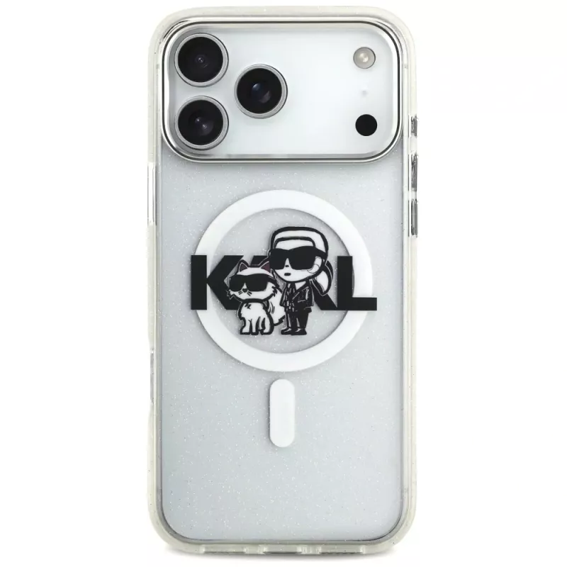 Karl Lagerfeld Funda MagSafe IML Glitter Karl & Choupette Sketch Logo para iPhone 17 Pro Max, Transparente