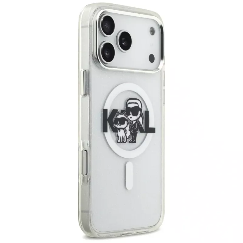 Karl Lagerfeld Funda MagSafe IML Glitter Karl & Choupette Sketch Logo para iPhone 17 Pro Max, Transparente