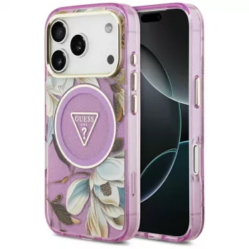 GUESS Funda MagSafe IML Glitter Flowers Triangle para iPhone 18 Pro / 17 Pro - Morado