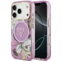 GUESS Funda MagSafe IML Glitter Flowers Triangle para iPhone 18 Pro / 17 Pro - Morado