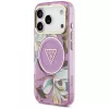 GUESS Funda MagSafe IML Glitter Flowers Triangle para iPhone 18 Pro / 17 Pro - Morado