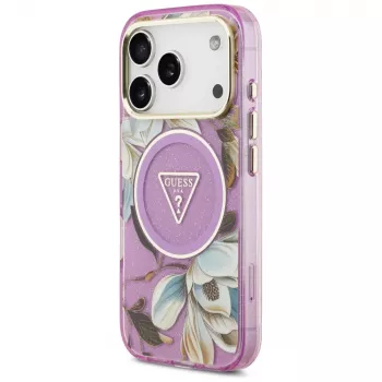 GUESS Funda MagSafe IML Glitter Flowers Triangle para iPhone 18 Pro / 17 Pro - Morado
