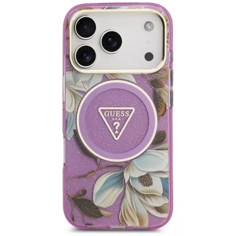 GUESS Funda MagSafe IML Glitter Flowers Triangle para iPhone 18 Pro / 17 Pro - Morado