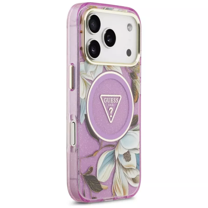 GUESS Funda MagSafe IML Glitter Flowers Triangle para iPhone 18 Pro / 17 Pro - Morado