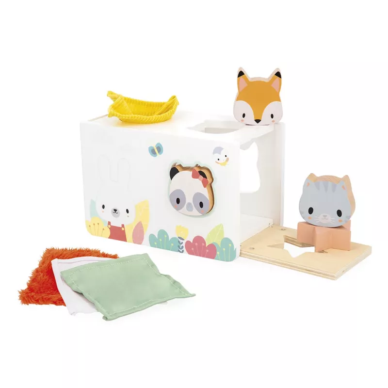 Janod Caja sensorial Pure de madera con paños - Juguete de motricidad fina para niños a partir de 12 meses