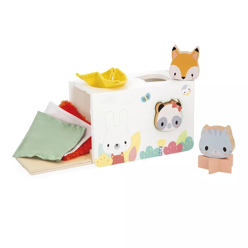 Janod Caja sensorial Pure de madera con paños - Juguete de motricidad fina para niños a partir de 12 meses