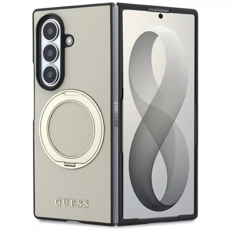 Guess funda MagSafe Magnetic Ring Stand Grained Classic Logo para Samsung Galaxy Z Fold 8 Ultra (beige)