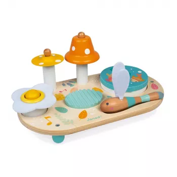 Janod Pure mesa de actividades musical de madera con xilófono, tambor, raspador y maraca – certificado FSC, desde 12 meses