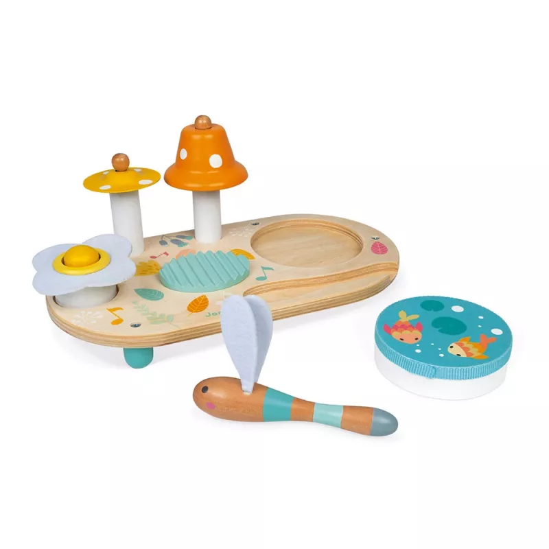 Janod Pure mesa de actividades musical de madera con xilófono, tambor, raspador y maraca – certificado FSC, desde 12 meses