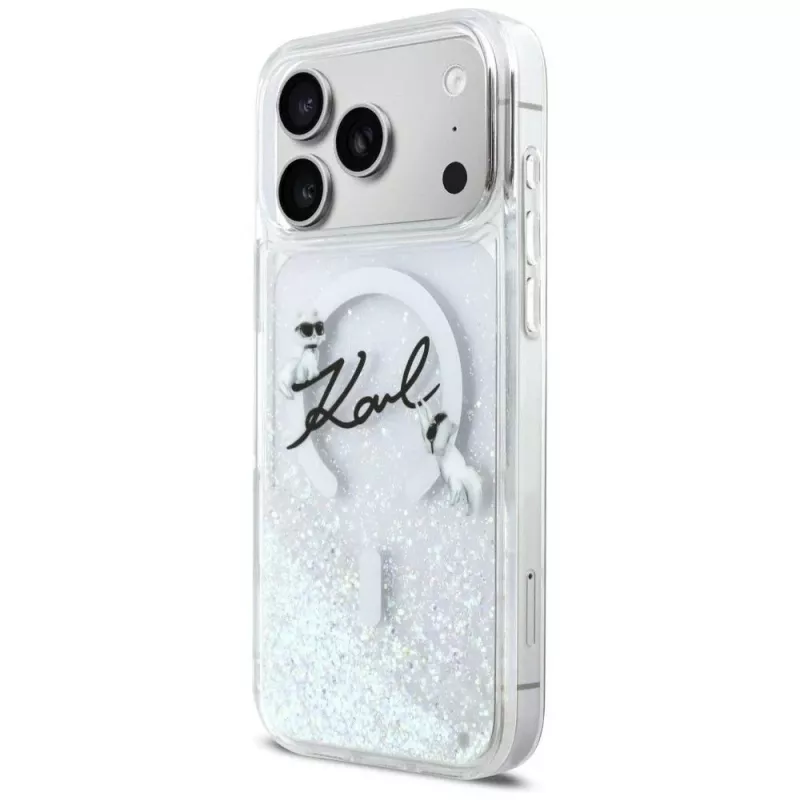Funda MagSafe Karl Lagerfeld Liquid Glitter Karl Script Logo para iPhone 17 Pro transparente