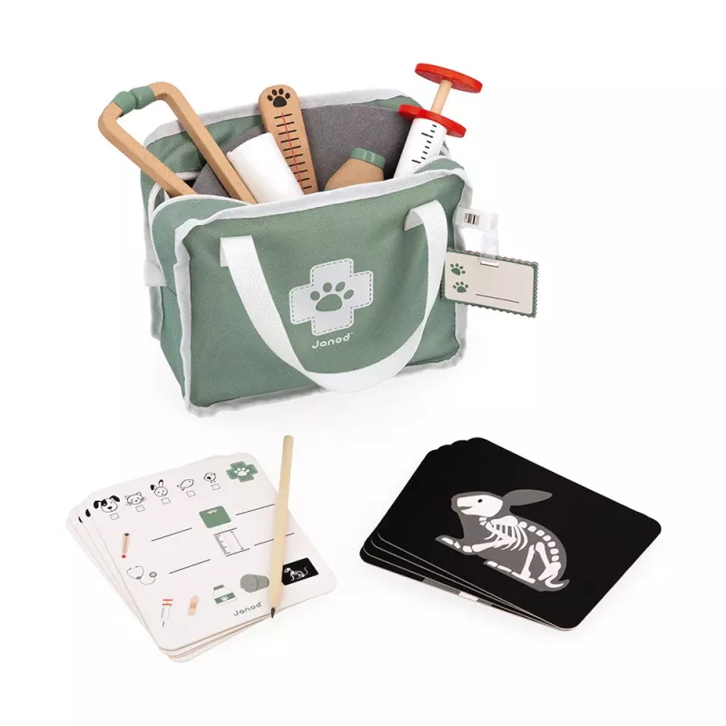 Janod set de veterinario - set de juego de rol de 10 piezas con instrumentos de madera y bolsa de tela