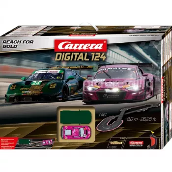 Carrera DIGITAL 124 Reach for Gold circuito de slot a escala 1:24 con 2 coches y mandos inalámbricos