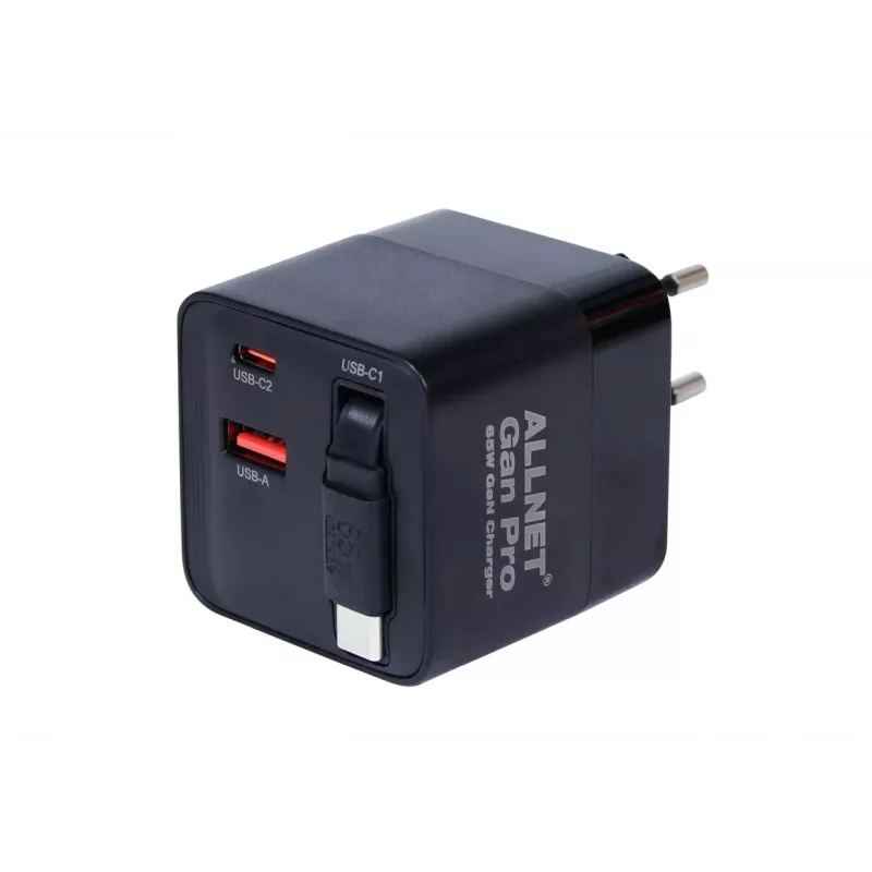 ALLNET cargador de pared GaN USB-C PD de 65W con Quick Charge 3.0, 2x USB-C y 1x USB-A