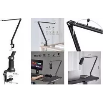 LogiLink Soporte de brazo articulado para micrófono, 840 mm, negro, totalmente ajustable, giro de 360°, pinza de mesa, acero