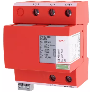 DEHN DEHNventil M2 TNC 255 FM pararrayos y protector contra sobretensiones combinado Type 1+2+3, 3 polos, 255 V AC, carril DIN de 35 mm