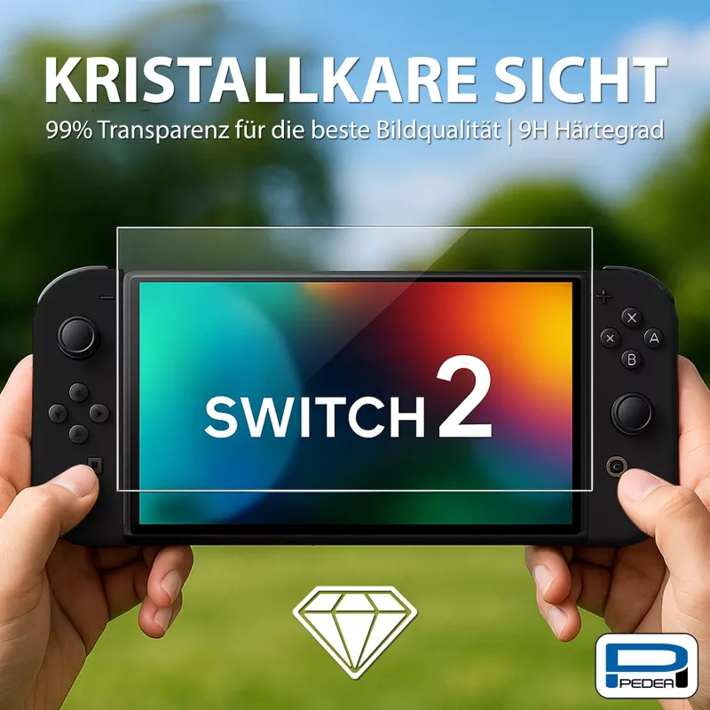 Protector de pantalla de cristal templado PEDEA para Nintendo Switch 2 (2025) - dureza 9H, claridad HD, sin burbujas, bordes 2.5D