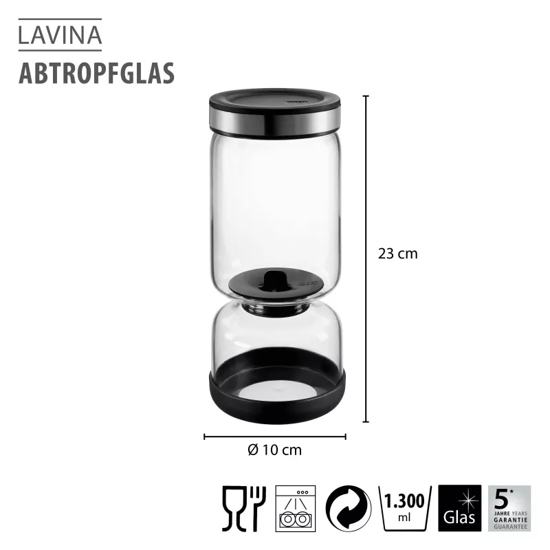 GEFU LAVINA colador de yogur y queso fresco de vidrio 1,3 L con colador de acero inoxidable