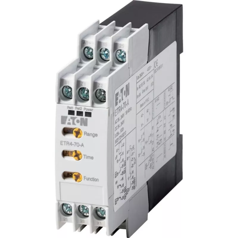 Eaton ETR4-70-A relé temporizador multifunción, 24-240 V AC/DC, 2 conmutadores, 0,05 s-100 h, carril DIN