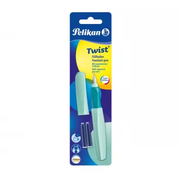 Pelikan Twist P457 estilográfica, menta, plumín medio, acero inoxidable, carga por cartucho, ambidiestra, Alemania