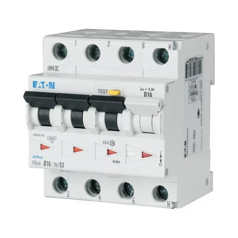 Eaton FRBM6-C16/3N/003-A Interruptor diferencial de 4 polos con protección de línea (RCBO), 16 A, 30 mA, Tipo A, Curva C, 10 kA