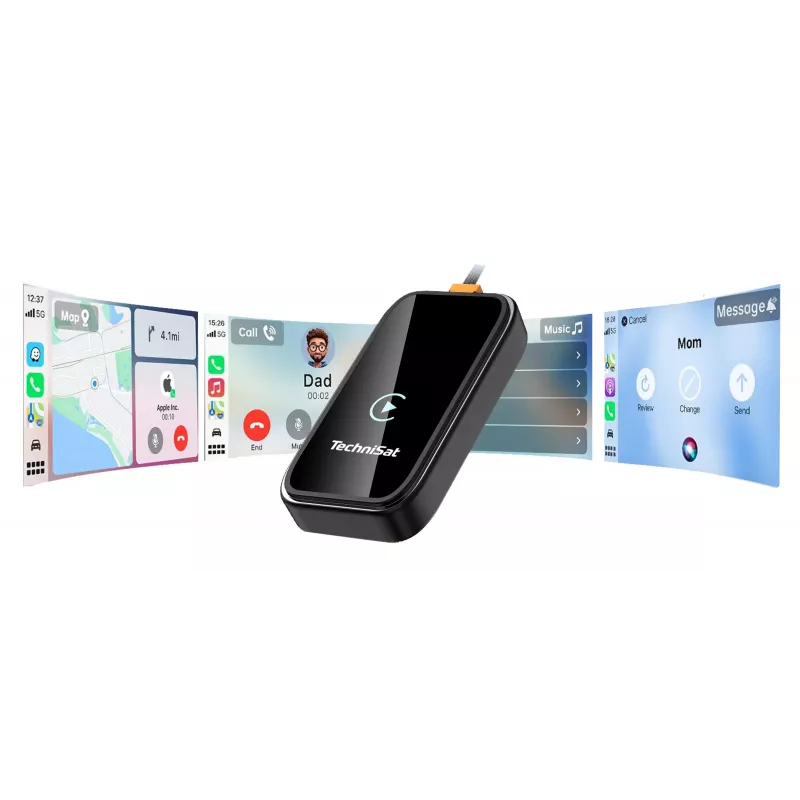 Adaptador inalámbrico CarPlay y Android Auto TechniSat Technicast 100 – negro, USB-C, plug & play