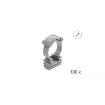 Delock Soporte de canaleta con abrazadera de bloqueo, atornillable para tubo protector de cables de 20 mm, 100 unidades, gris