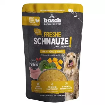 BOSCH Freshe Schnauze pienso húmedo mono-proteína para perros con pollo, calabaza y brócoli – bolsa de 250 g