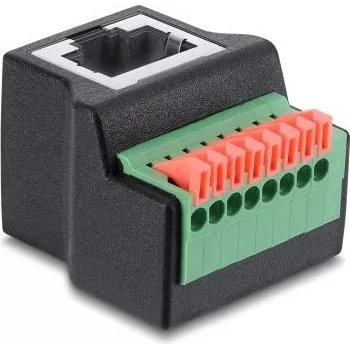 Delock Adaptador de conector hembra RJ45 a regleta de 8 polos, en ángulo de 90°, pulsador, negro