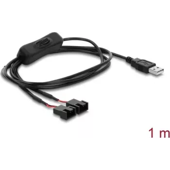Delock Cable de conector macho USB Type-A a 2 x conector de ventilador de 4 pines con interruptor de encendido/apagado, 1 m, negro