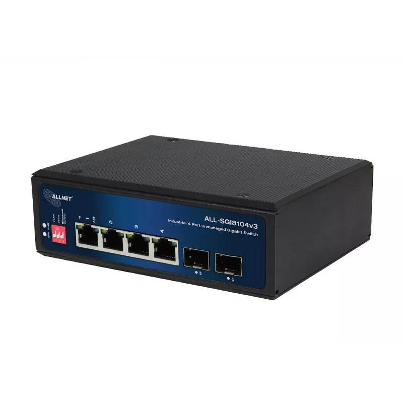 ALLNET ALL-SGI8104v3 Switch industrial no gestionado Layer 2, 6 puertos GbE, 4x GbE RJ45, 2x SFP, sin ventilador, IP40