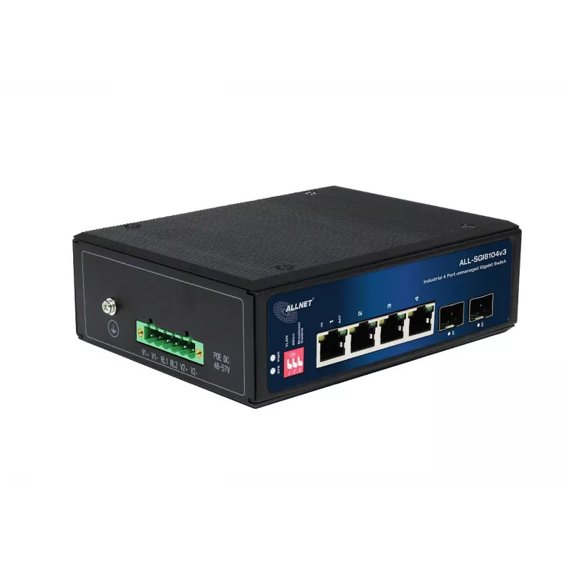 ALLNET ALL-SGI8104v3 Switch industrial no gestionado Layer 2, 6 puertos GbE, 4x GbE RJ45, 2x SFP, sin ventilador, IP40