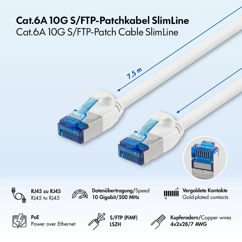 LogiLink Cable de red SlimLine Cat.6A S/FTP LSZH, blanco, 7,5 m
