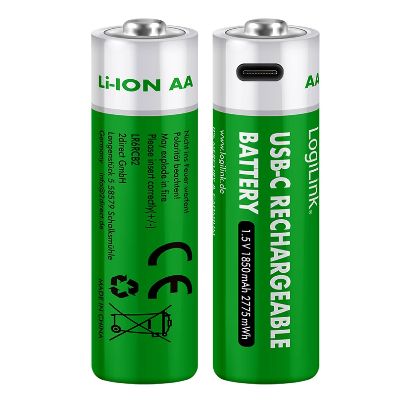 LogiLink LR6RCB2 Pilas AA de litio recargables por USB-C, pack de 2, 1,5 V tensión de salida constante, 2600 mWh