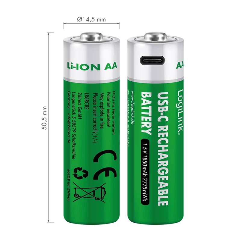 LogiLink LR6RCB2 Pilas AA de litio recargables por USB-C, pack de 2, 1,5 V tensión de salida constante, 2600 mWh